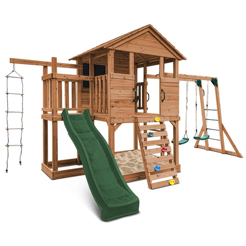 Lifespan Kids Play Houses Kingston Cubby House with Monkey Bars, Swings and Green Slide - Lifespan Kids 9347166085610 LKCH-KING-GN Kingston Cubby House with Monkey Bars, Swings and Green Slide Happy Active Kids Australia