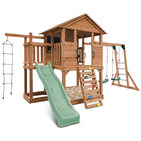 Lifespan Kids Play Houses Kingston Cubby House with Monkey Bars, Swings and Pastel Green Slide - Lifespan Kids 9347166085634 LKCH-KING-PG Kingston Cubby House with Monkey Bars, Swings and Pastel Green Slide Happy Active Kids Australia