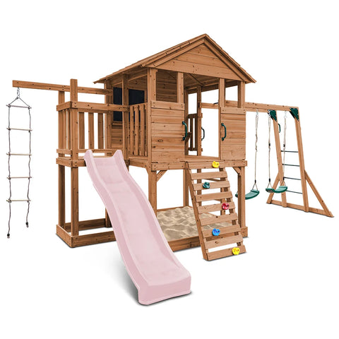 Lifespan Kids Play Houses Kingston Cubby House with Monkey Bars, Swings and Pastel Pink Slide - Lifespan Kids 9347166085641 LKCH-KING-PP Kingston Cubby House with Monkey Bars, Swings and Pastel Pink Slide Happy Active Kids Australia