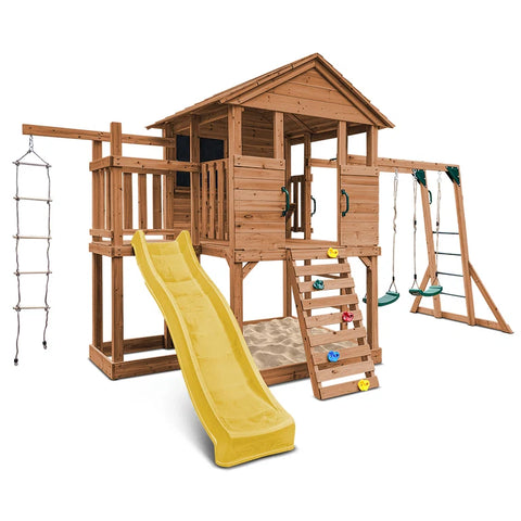 Lifespan Kids Play Houses Kingston Cubby House with Monkey Bars, Swings and Yellow Slide - Lifespan Kids 9347166085665 LKCH-KING-YL Kingston Cubby House with Monkey Bars, Swings and Yellow Slide  Happy Active Kids Australia