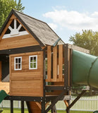 Lifespan Kids Outdoor Play Equipment Claremont Playcentre Cubby with swings and tube slide in green - Lifespan Kids 9347166086037 LKPC-CLARE-GN Claremont Playcentre Cubby with swings and tube slide in green - Lifespan Kids Happy Active Kids Australia