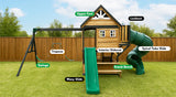 Lifespan Kids Outdoor Play Equipment Claremont Playcentre Cubby with swings and tube slide in green - Lifespan Kids 9347166086037 LKPC-CLARE-GN Claremont Playcentre Cubby with swings and tube slide in green - Lifespan Kids Happy Active Kids Australia