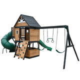 Lifespan Kids Outdoor Play Equipment Claremont Playcentre Cubby with swings and tube slide in green - Lifespan Kids 9347166086037 LKPC-CLARE-GN Claremont Playcentre Cubby with swings and tube slide in green - Lifespan Kids Happy Active Kids Australia