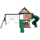 Lifespan Kids Outdoor Play Equipment Claremont Playcentre Cubby with swings and tube slide in green - Lifespan Kids 9347166086037 LKPC-CLARE-GN Claremont Playcentre Cubby with swings and tube slide in green - Lifespan Kids Happy Active Kids Australia