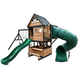 Lifespan Kids Outdoor Play Equipment Claremont Playcentre Cubby with swings and tube slide in green - Lifespan Kids 9347166086037 LKPC-CLARE-GN Claremont Playcentre Cubby with swings and tube slide in green - Lifespan Kids Happy Active Kids Australia
