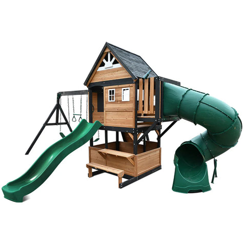 Lifespan Kids Outdoor Play Equipment Claremont Playcentre Cubby with swings and tube slide in green - Lifespan Kids 9347166086037 LKPC-CLARE-GN Claremont Playcentre Cubby with swings and tube slide in green - Lifespan Kids Happy Active Kids Australia