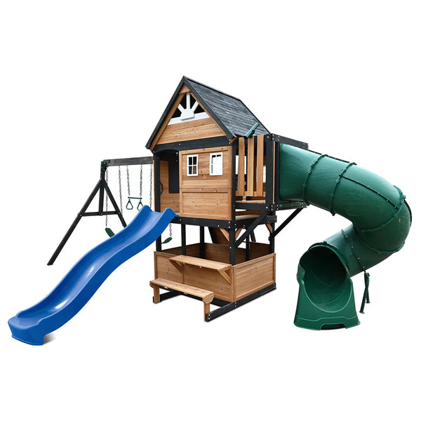Lifespan Kids Outdoor Play Equipment Claremont Playcentre Cubby with swings, tube slide and 2.2m slide in blue - Lifespan Kids 9347166086020 LKPC-CLARE-BU Claremont Playcentre Cubby with swings, tube slide and 2.2m slide in blue - Lifespan Kids Happy Active Kids Australia