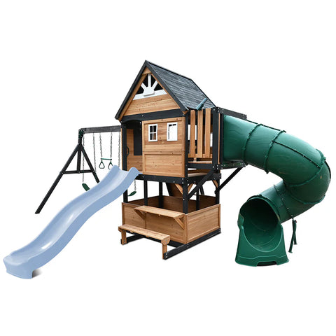 Lifespan Kids Outdoor Play Equipment Claremont Playcentre Cubby with swings, tube slide and 2.2m slide in pale blue - Lifespan Kids 9347166086044 LKPC-CLARE-PB Claremont Playset Cubby with swings, tube slide & 2.2m slide in pale blue - Lifespan Kids Happy Active Kids Australia