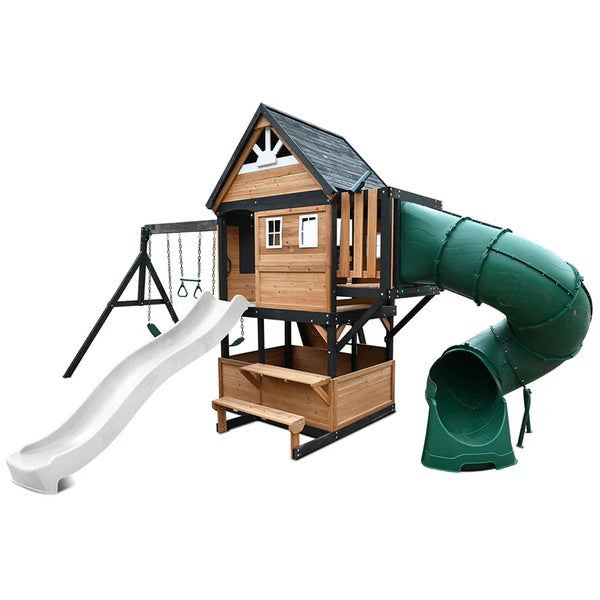 Lifespan Kids Outdoor Play Equipment Claremont Playset Cubby with swings, tube slide and 2.2m slide in white - Lifespan Kids 9347166086075 LKPC-CLARE-PW Claremont Playset Cubby with swings, tube slide & 2.2m slide in white - Lifespan Kids Happy Active Kids Australia