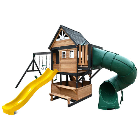 Lifespan Kids Outdoor Play Equipment Claremont Playset Cubby with swings, tube slide and 2.2m slide in yellow - Lifespan Kids 9347166086082 LKPC-CLARE-YL Claremont Playset Cubby with swings, tube slide & 2.2m slide in yellow - Lifespan Kids Happy Active Kids Australia