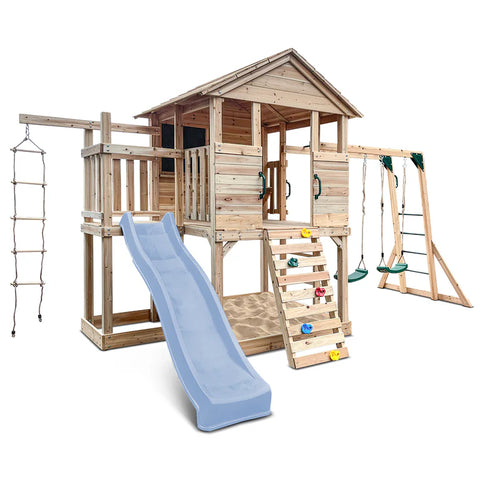 Lifespan Kids Play Houses Kingston Cubby House with Monkey Bars, Swings and Pastel Blue Slide - Lifespan Kids - OUT OF STOCK eta mid-late Oct (preorder available now) 9347166085627 LKCH-KING-PB Kingston Cubby House with Monkey Bars, Swings and Pastel Blue Slide Happy Active Kids Australia