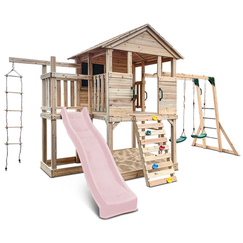 Lifespan Kids Play Houses Kingston Cubby House with Monkey Bars, Swings and Pastel Pink Slide - Lifespan Kids - OUT OF STOCK eta mid-late Oct (preorder available now) 9347166085641 LKCH-KING-PP Kingston Cubby House with Monkey Bars, Swings and Pastel Pink Slide Happy Active Kids Australia