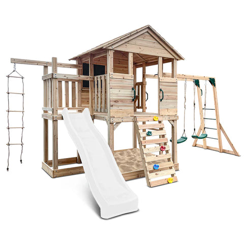 Lifespan Kids Play Houses Kingston Cubby House with Monkey Bars, Swings and White Slide - Lifespan Kids - OUT OF STOCK eta mid-late Oct (preorder available now) 9347166085658 LKCH-KING-PW Kingston Cubby House with Monkey Bars, Swings and White Slide Happy Active Kids Australia